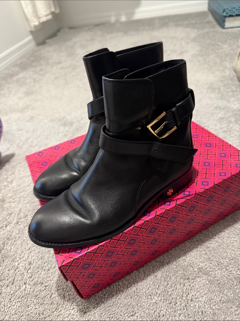 Tory Burch Black Leather Ankle Booties with Gold Buckle
